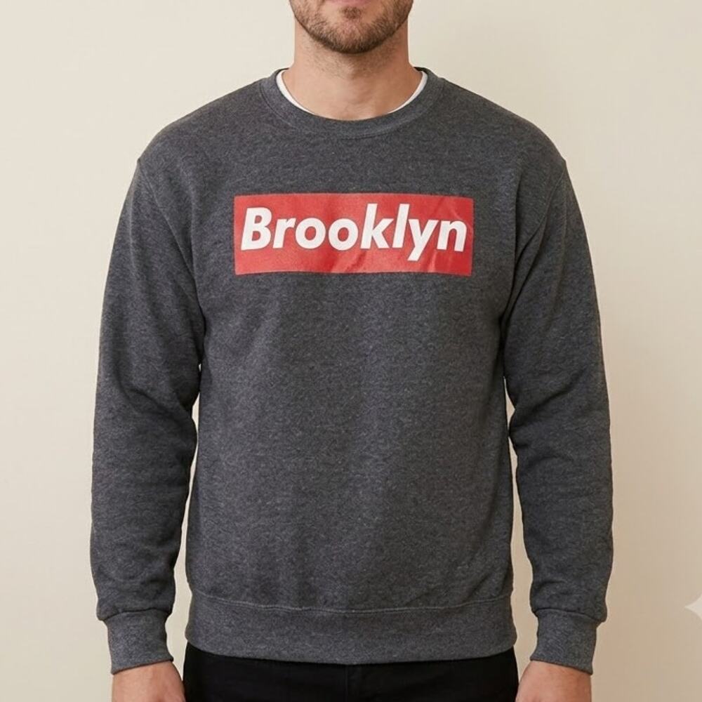 Jerzees Brooklyn New York Sweatshirt Long Sleeve Pullover Top Gray Mens Size S